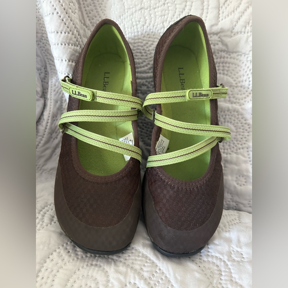 L.L. Bean Brown and Lime Green Mary Jane Flats